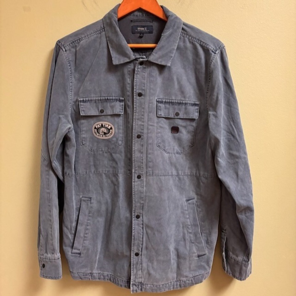 Roark Mens Button Up Shirt Size M Fat Tire Snap Long Sleeve Blue Shaket Logo